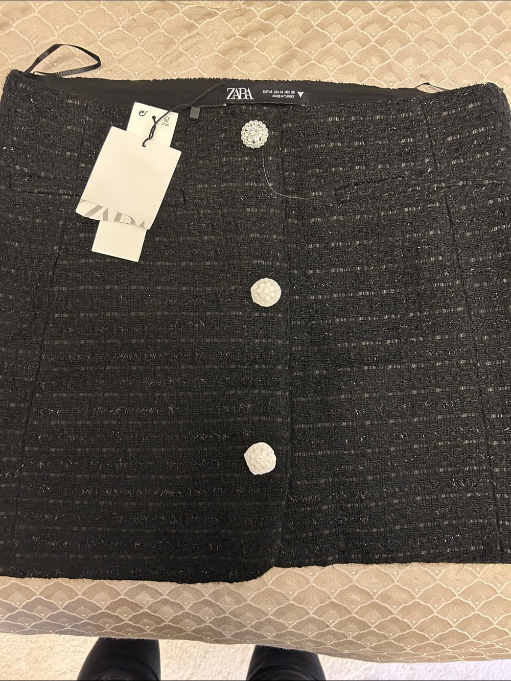 Zara Black Tweed Mini Skirt with Statement Buttons